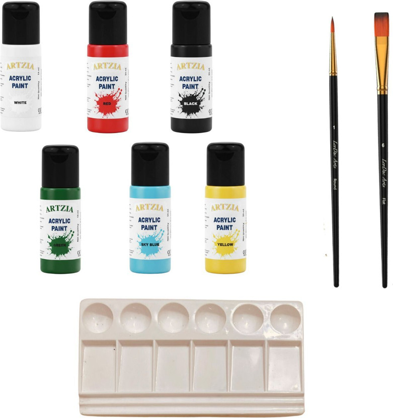 BK BRUSHKART Painting Kit for Students | 6 Pcs Acrylic Colour with Palette & 2 Round Brushes
