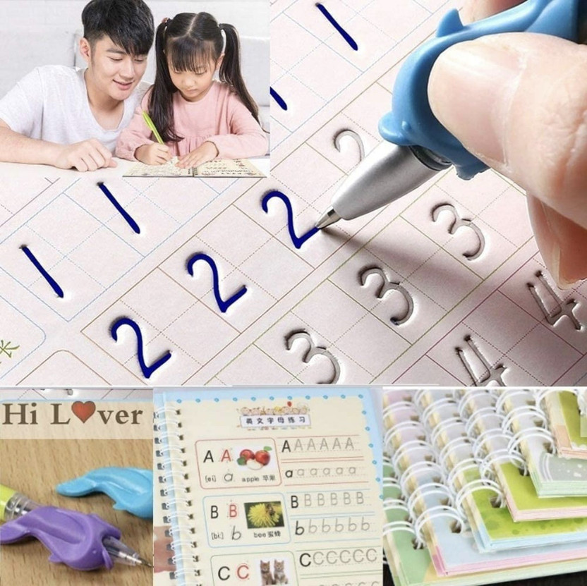 zUKRBOX® Original Sankk Magic Practice Copy (4BOOK+10 REFILL+1Pen+1Grip) For Kids Drawing