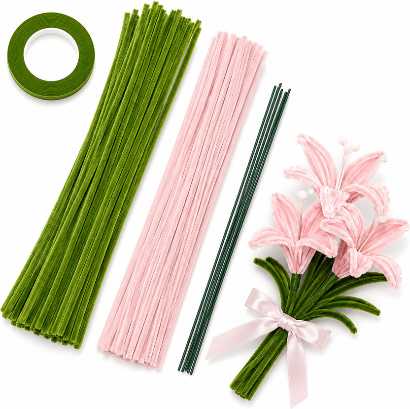 DsCrafts 100 Pcs Pipe Cleaner Craft Kit with Floral Tape & Green Stem Wire for DIY