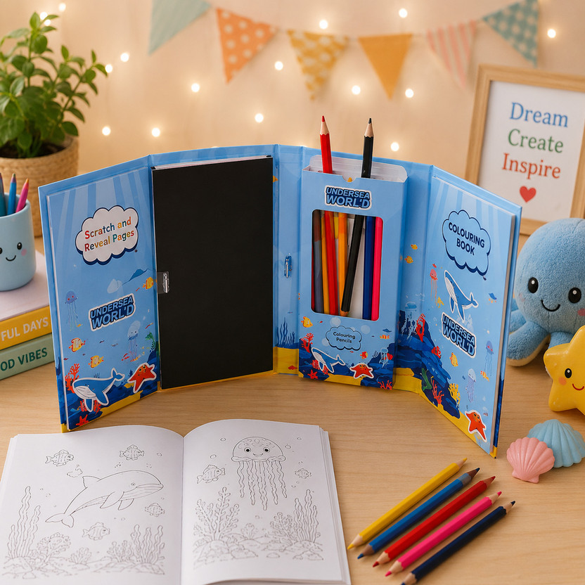 AADVIK SINGH GLOBAL Kids Undersea Art & Craft Kit |Book, Scratch Art Sheets and 6 Colour Pencils