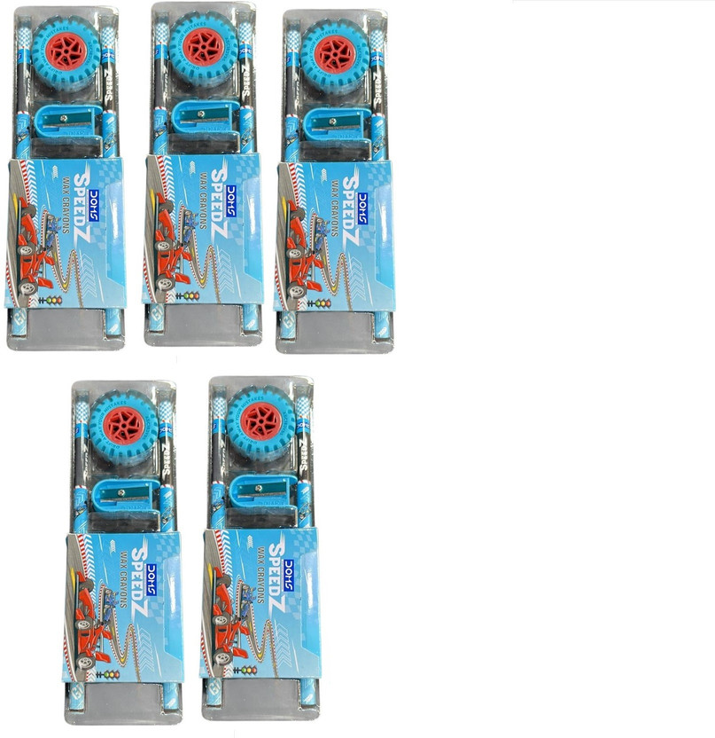 DOMS Pack of 5 Speedz Junior Stationery Kit 2 Pencils, Eraser, Sharpener, 10 Crayons