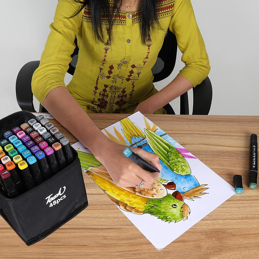 FLOSTRAIN Markers 48 Colours with Carrying Case for Painting Sketching Calligraphy Drawing