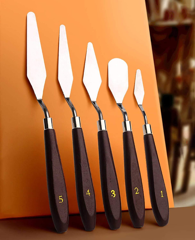 DGV Palette Painting Knives ofVarious Sizes & Shapes Stainless Steel Spatula 5 Paint 5 Paint Wells Palettes  with Lid(Set of 1, Polished Brown Handle)