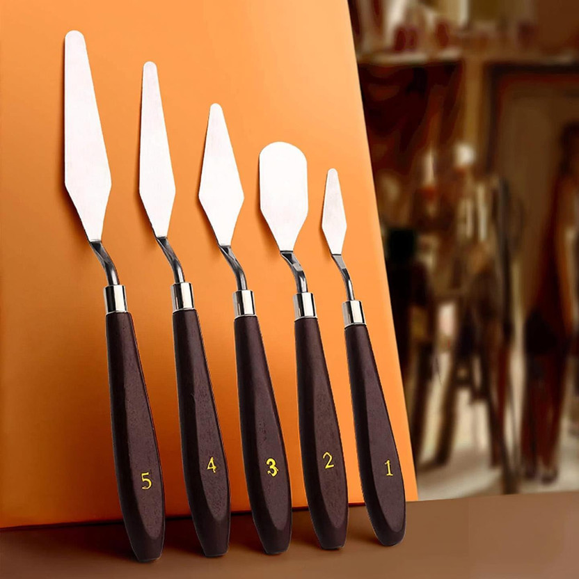 Qalam Kaari Palette Painting Knives of Various Sizes & Shapes Stainless Steel Spatula 5 Paint Wells Palettes(Set of 5, Polished Brown Handle)