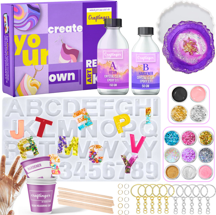 Craftinger Diy Resin Art Alphabet Keychain Making kit With 200 Gm Epoxy Coaster Mould &More