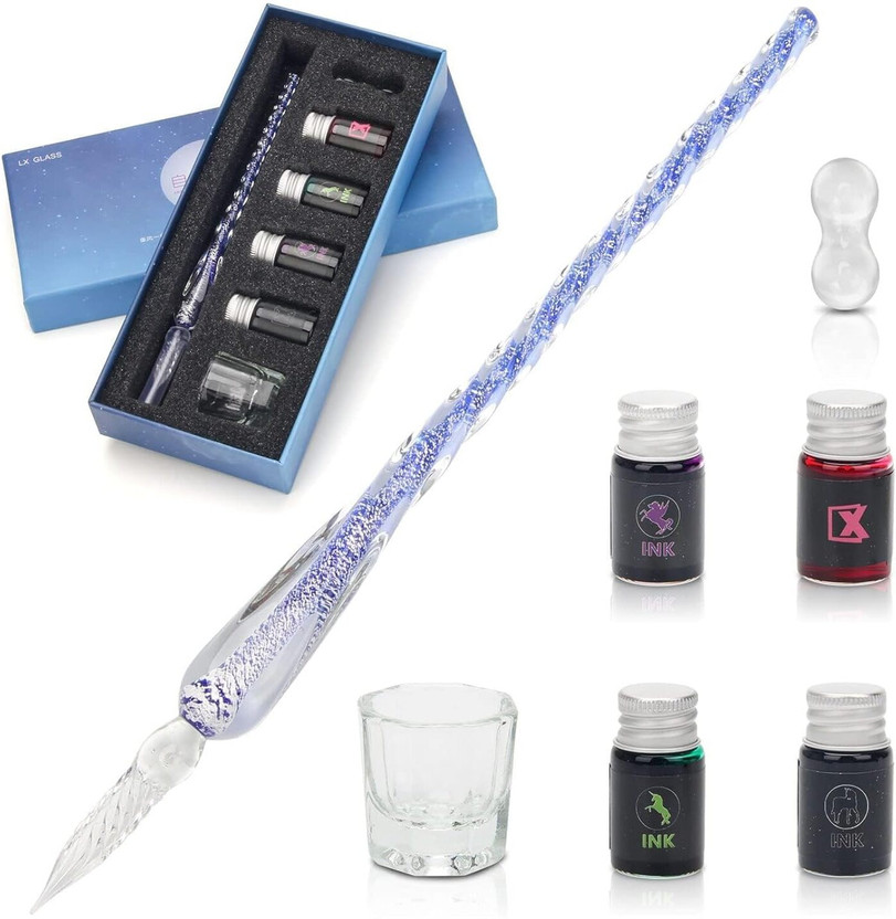 eS³kube 1 Handmade Crystal Glass Dip Fountain Pen with 4 Ink bottle Set & 1 small glass