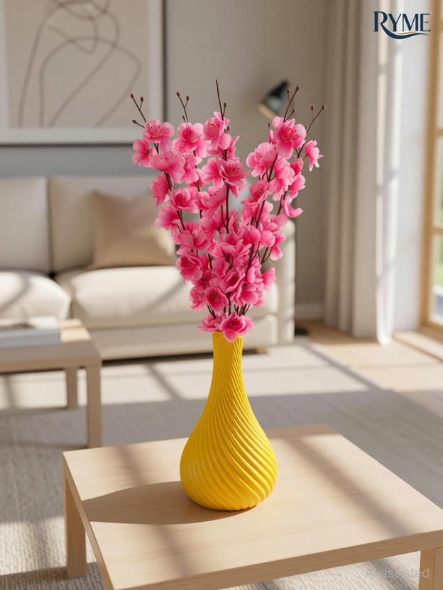 Ryme Ryme Artificial Pink Blossom Flower with Designer Yellow Vase Pink Cherry Blossom Artificial Flower  with Pot(50 cm, Pack of 1, Flower with Basket) - Flipkart Deal