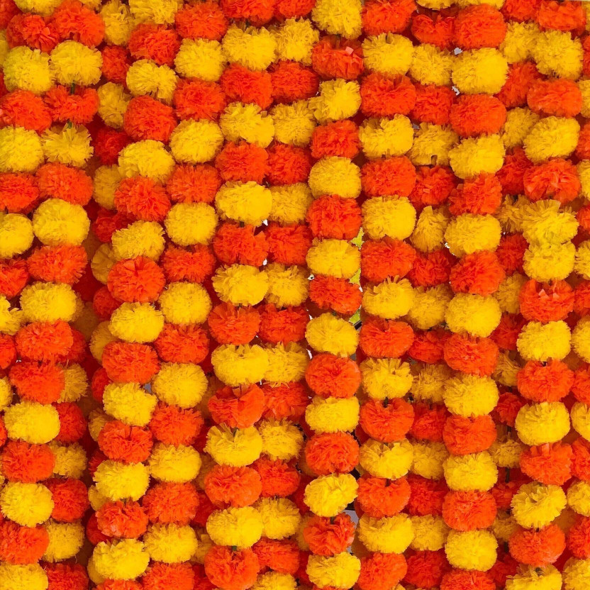 shanol Fluppy Orange Marigold Artificial Flower ( Pack of 5 ) Orange, Yellow Marigold Artificial Flower(150 cm, Pack of 1, Garlands)