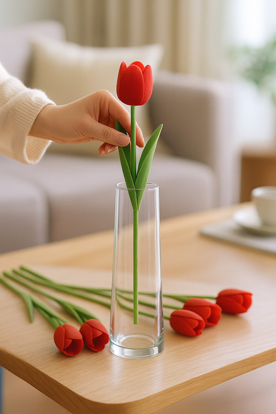Ikko DIY Tulips for Vase & Home Decor, for Living Room Corner Table, Single pc Red Tulips Artificial Flower(33 cm, Pack of 1, Single Flower)