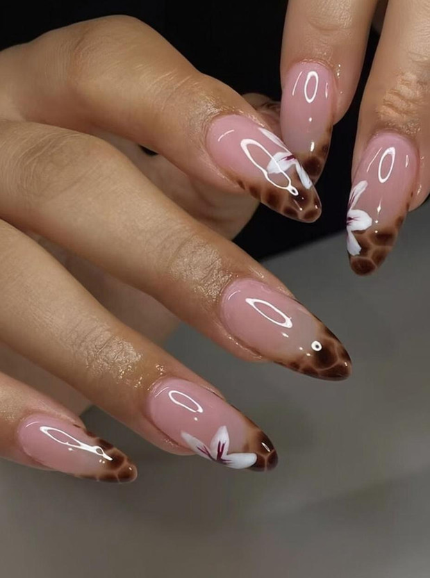 AKISON Medium Long Artificial Nails with Glue Tabs Designer Fake Nails Press on Nails Leopard Cheetah Flower(Pack of 24)