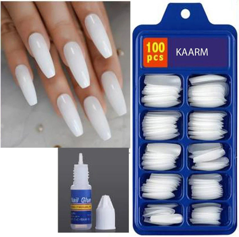 kaarm Full Cover Artificial Nails Set, Acrylic Nails Set, Nail Extension + Nail Glue WHITE(Pack of 100)