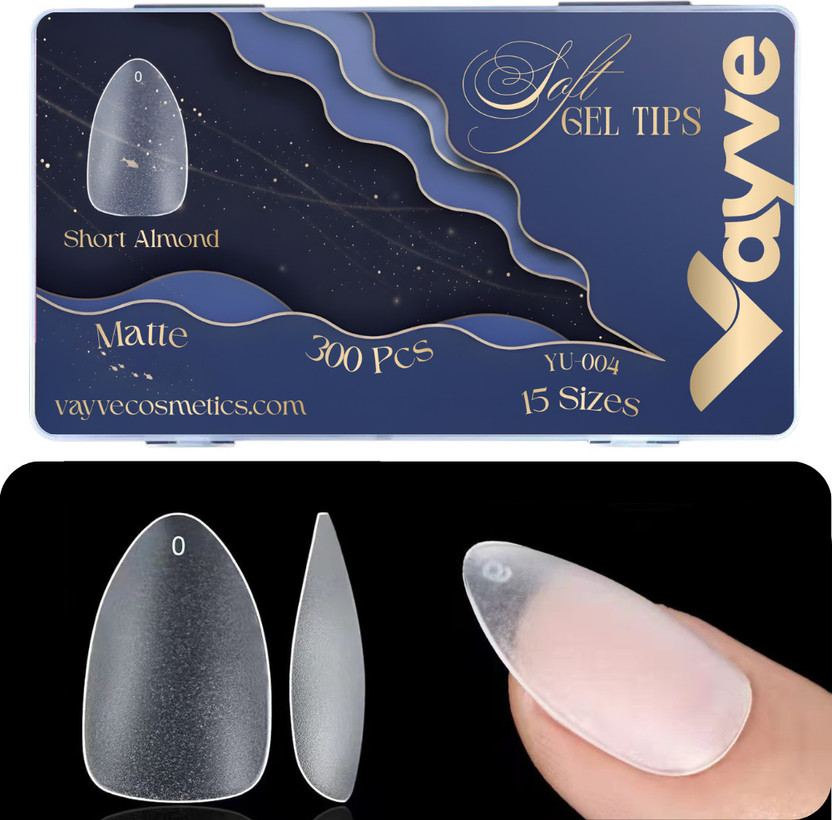 Vayve Soft Gel Nail Tips Matte Short Almond 15 Sizes for Nail Extension Clear - False Nails Full Cover Soft Nail Tip | Nail Salons DIY Nail Art(Pack of 300)