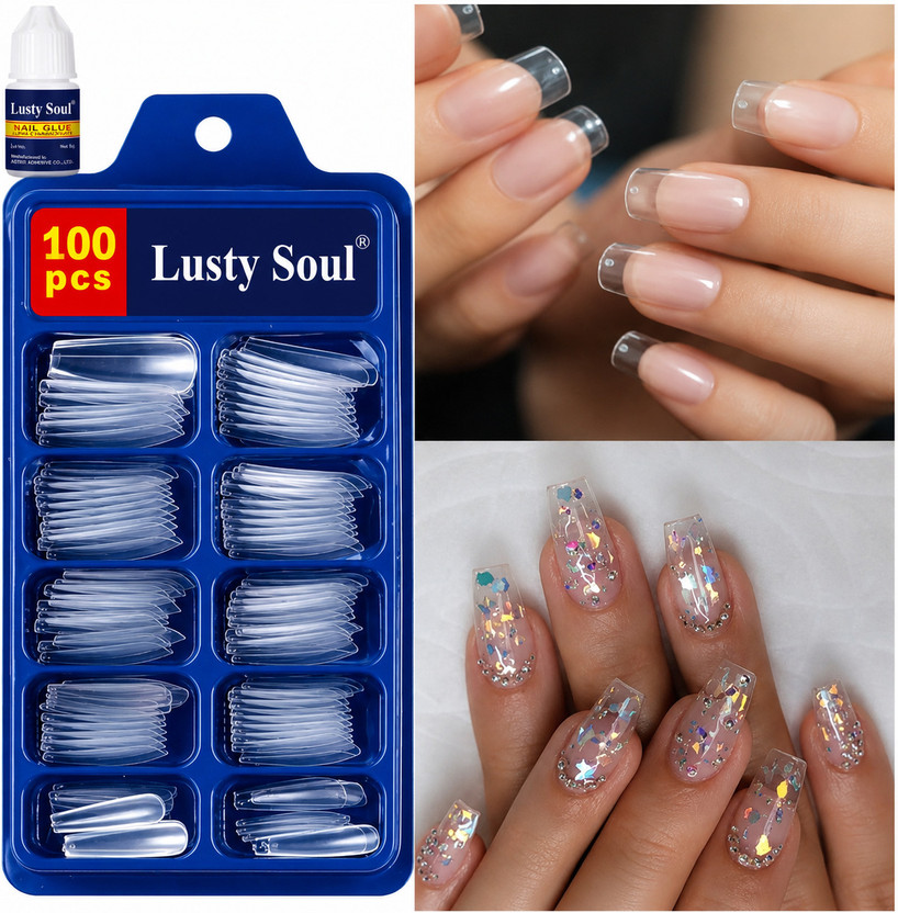 Lusty soul 100 Pcs Reusable Transparent Acrylic False Nails with Nail Glue For Women &Girls Transparent(Pack of 100)