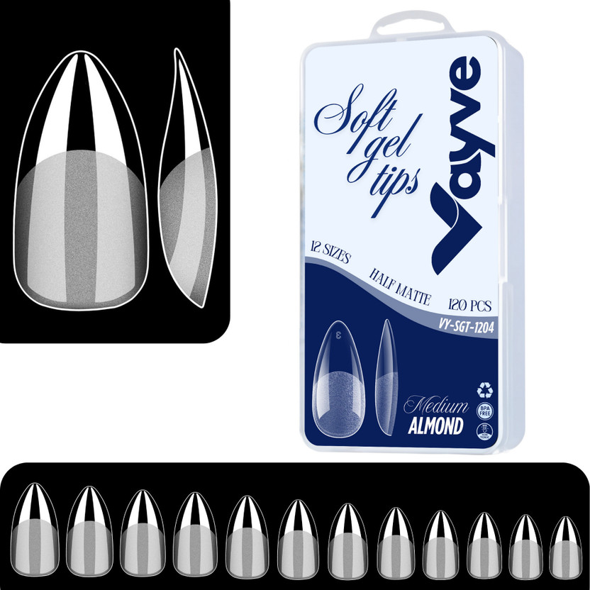 Vayve Soft Gel Nail Tips | Artificial Nail Half Matte Medium Almond Nail Extension Set Clear - False Nails Full Cover Soft Nail Tip | Nail Salons DIY Nail Art with Box(Pack of 120)