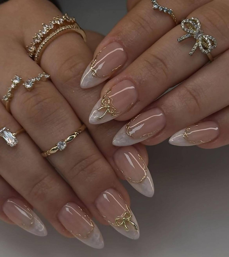 NAKHI 24 Pcs Luxury Stiletto Press On Nails | Nude White Tips with Golden Bow Design Gold Bow(Pack of 24)