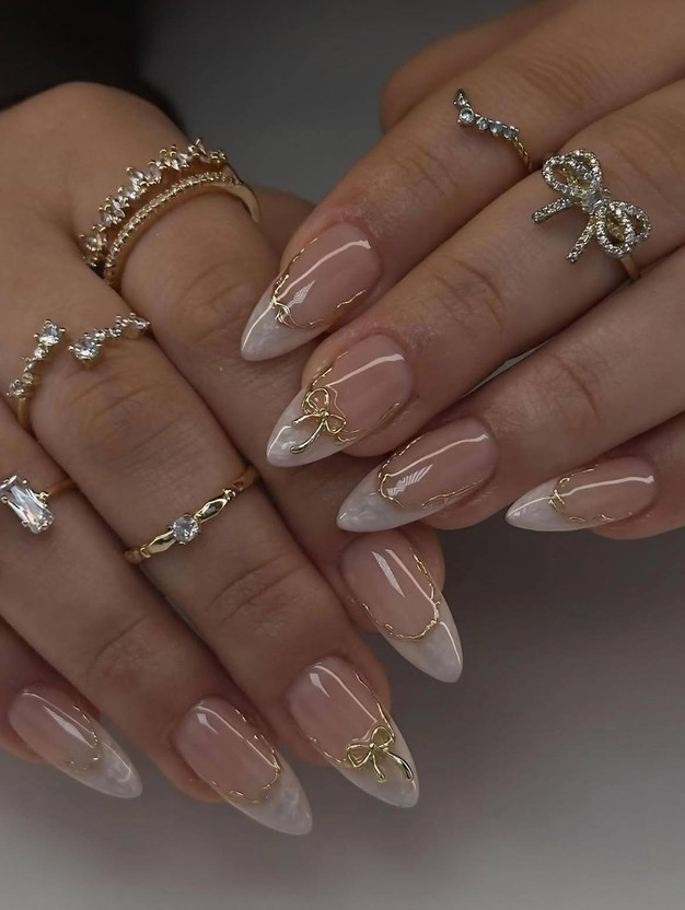 NAKHI 24 Pcs Luxury Stiletto Press On Nails | Nude White Tips with Golden Bow Design Gold Bow(Pack of 24)