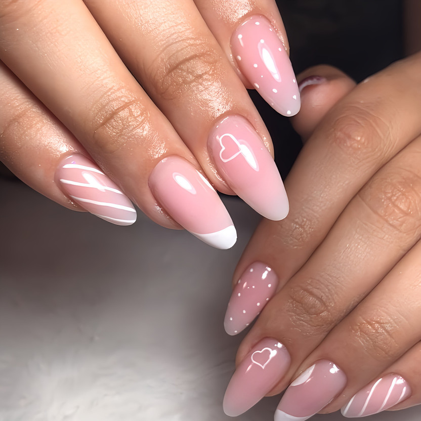 Shhagan Romantic Pink Nails with Heart and Stripe Accents pink, white(Pack of 12)