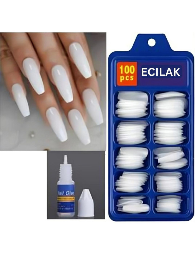 ECILAK Full Cover Artificial Nails Set , Acrylic Nails Set, Nail Extension + Nail Glue WHITE(Pack of 100)