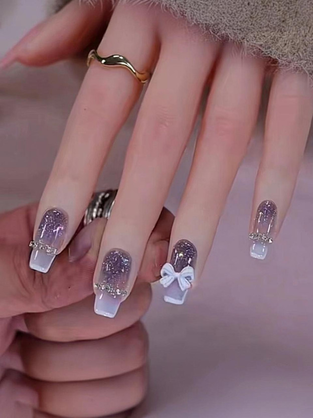 The Pink Truck Set of 24 Artificial Reusable nails in Violet with white bow Design with glue Violet(Pack of 24)