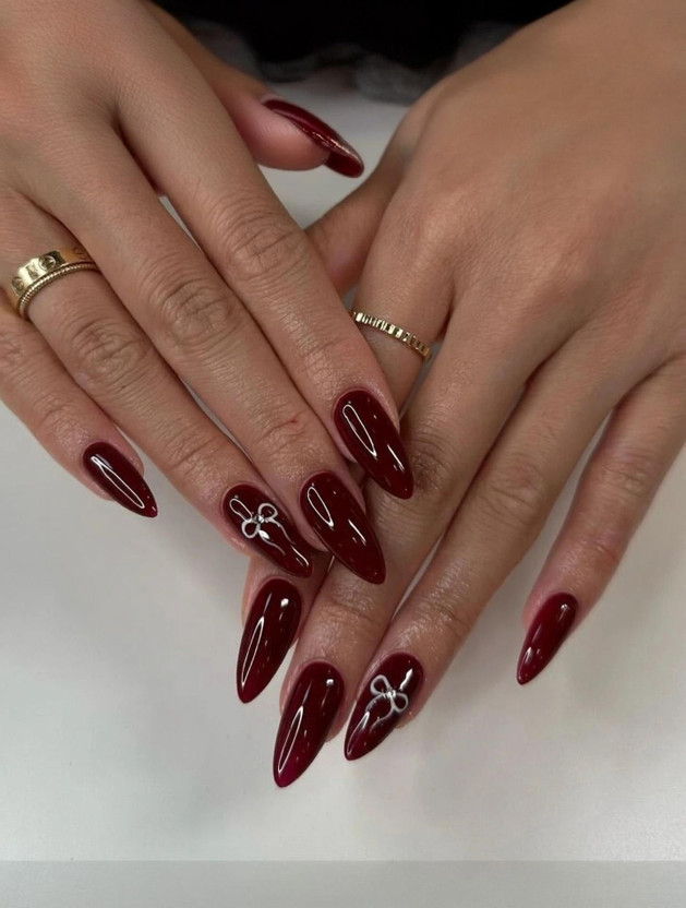 NAKHI Reusable Artificial Fake Nail Set |Base maroon colour with White Bow Design maroon(Pack of 24)