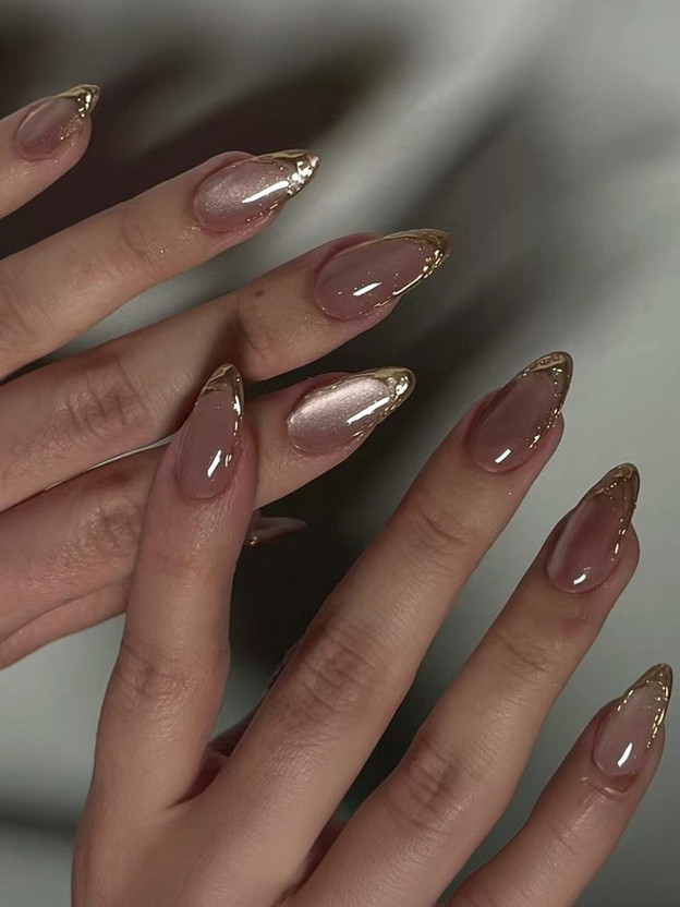 The Violet Tag Luxury Cat Eye Almond Nails with Gold french Tip | Press on nails Gold(Pack of 24)