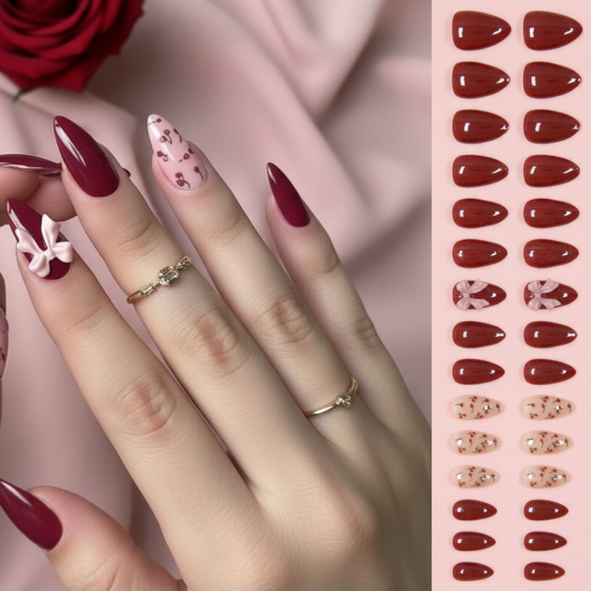 Vembley Set Of 24 Artificial Reusable Press on Nails In Maroon / Pink Colour & Floral Maroon(Pack of 24)