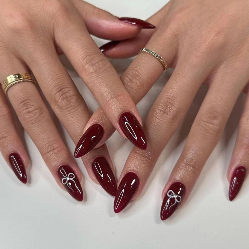 TheVineGirl Set Of 24 Artificial Resuable Base Maroon White Bow Glossy Nails With Sticker Maroon(Pack of 24)