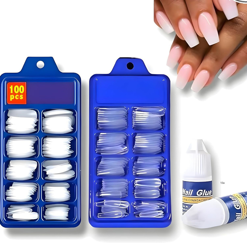 Morbee false Nails Set Of 100 Pcs White and 100 pcs Transparent With Nail 2 Glue a13 multi(Pack of 200)