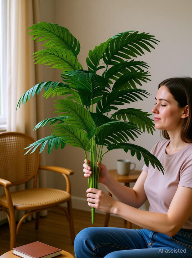 POKA Artificial 18 Leaves Palm Tree for Home Decor, Room Decoration Items & Balcony Artificial Plant(60 cm, Green)