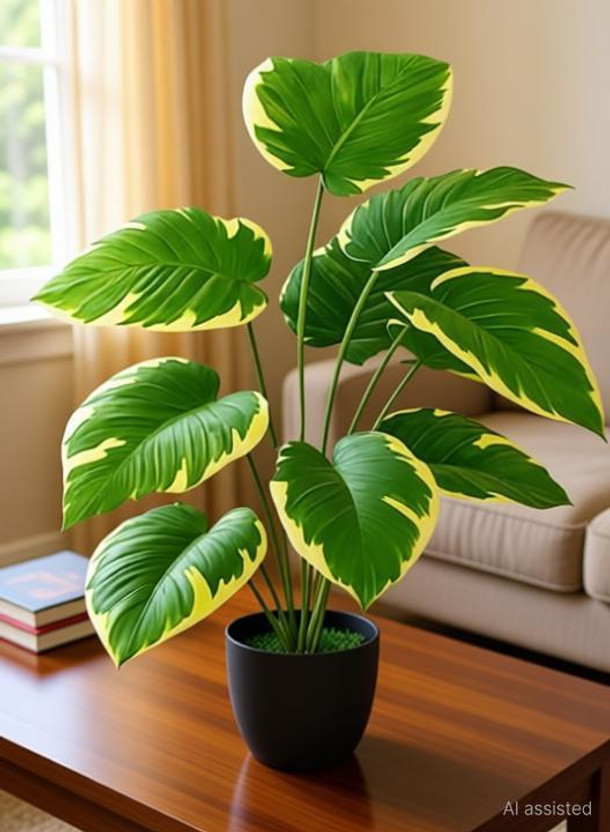 De Gardenia Artificial Dieffenbachia, Alocasia Elephant Ear Home, Office & Outdoor Decor Artificial Plant  with Pot(75 cm, Green)