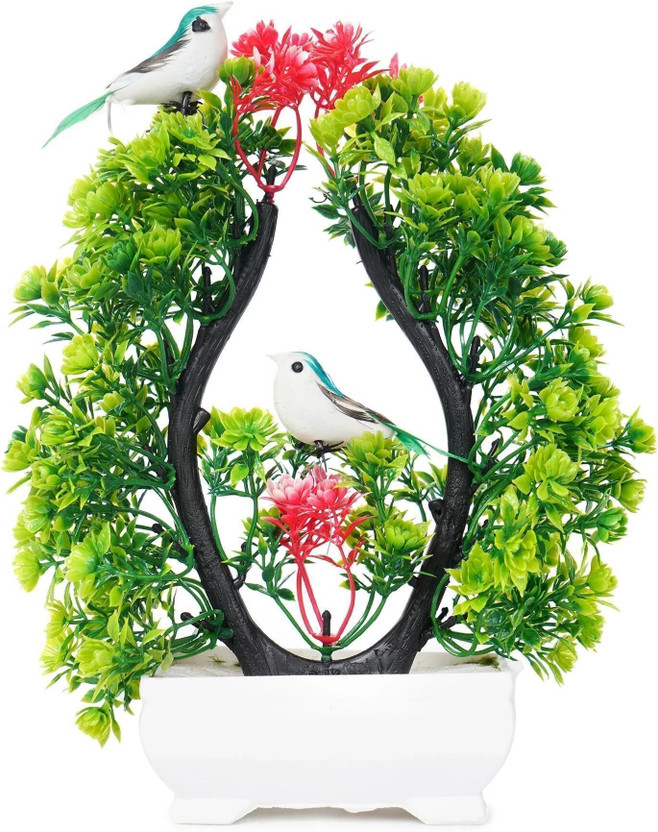 POKA Artificial Plants With Bird For Home, Room Decoration, Showcase Items & House. Bonsai Wild Artificial Plant  with Pot(23.5 cm, Green, Red)