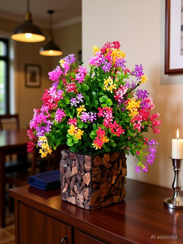 zonezer Multicolor flower Plant with Stylish Coconut Brown Pot Bonsai Wild Artificial Plant  with Pot(22 cm, Multicolor)
