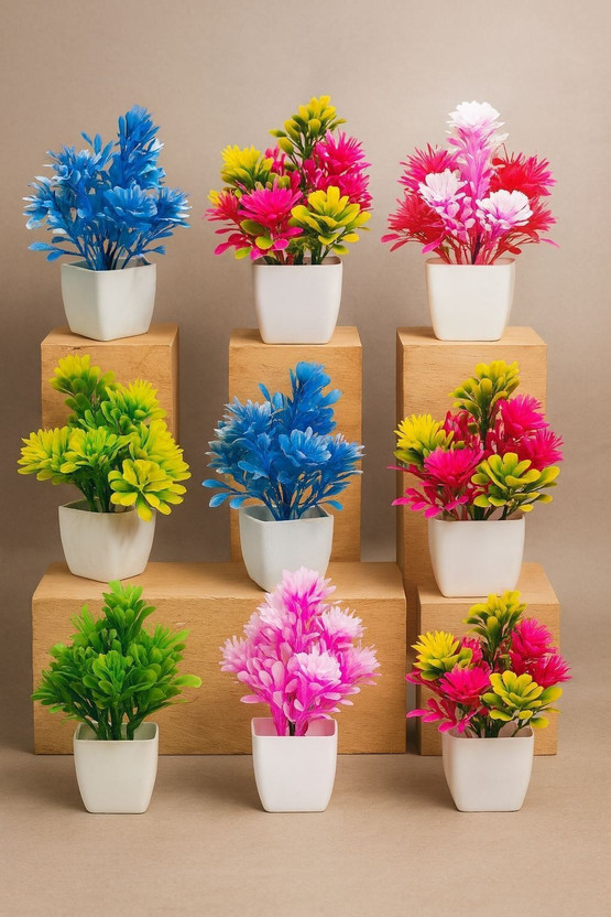 Zupito Combo of 9 Artificial Flower Pots for Home & Office Table Decoration Artificial Plant  with Pot(14 cm, Multicolor)