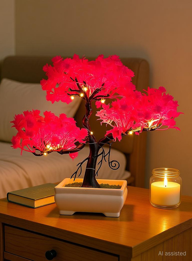 DODECROO Pink Artificial Tree With Led For Christmas Décor & Indoor Plant, Home Décor Bonsai Artificial Plant  with Pot(24 cm, Pink)