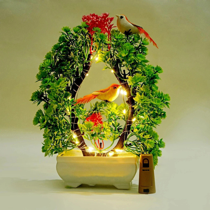 POKA Artificial Plant With Bird & light For Home Room Decoration Showcase Decor Items Bonsai Wild Artificial Plant  with Pot(23.5 cm, Multicolor)