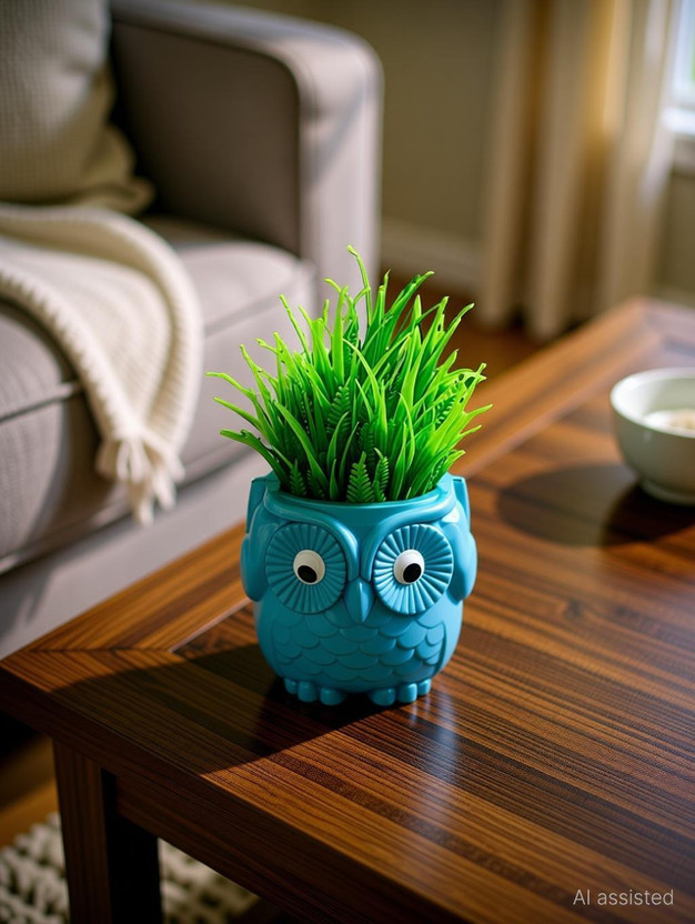 Akaar Artificial Fern Plant with Hard Plastic Owl Pot for Home Decor | Office Decor Artificial Plant  with Pot(20 cm, Blue, Green)