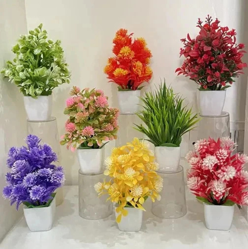 Ryme Set Of 8 Mini/Small Artificial Plants Bonsai Wild Artificial Plant  with Pot(15 cm, Multicolor)
