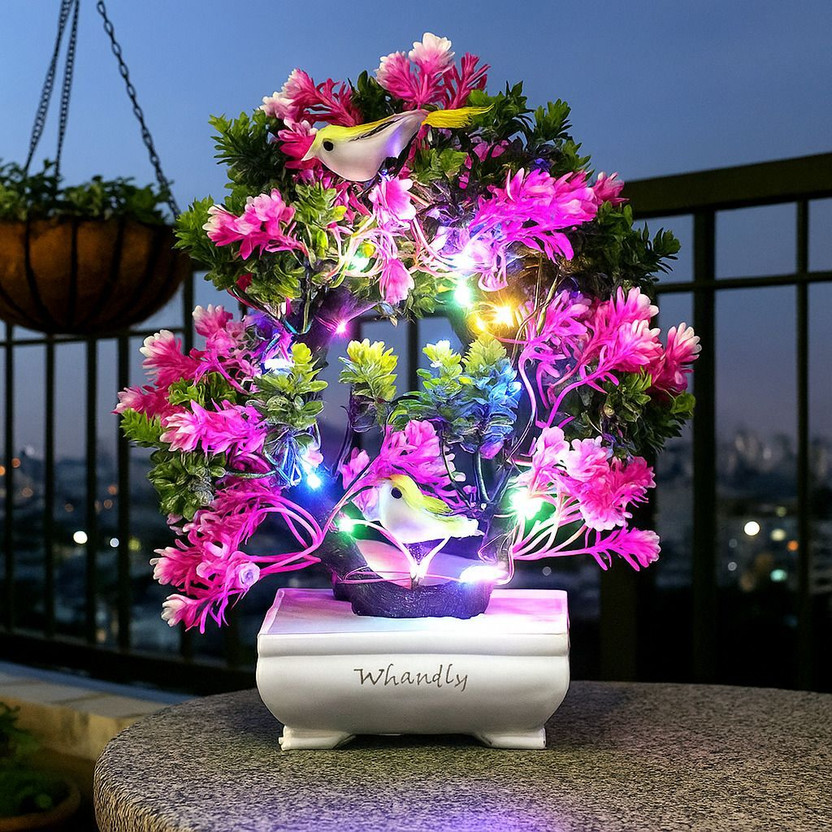 Handybee Mini Faux Bonsai Plant With 2 Bird Sparrow LED Plant for Home Decor Bonsai Artificial Plant  with Pot(23 cm, Pink, Green)