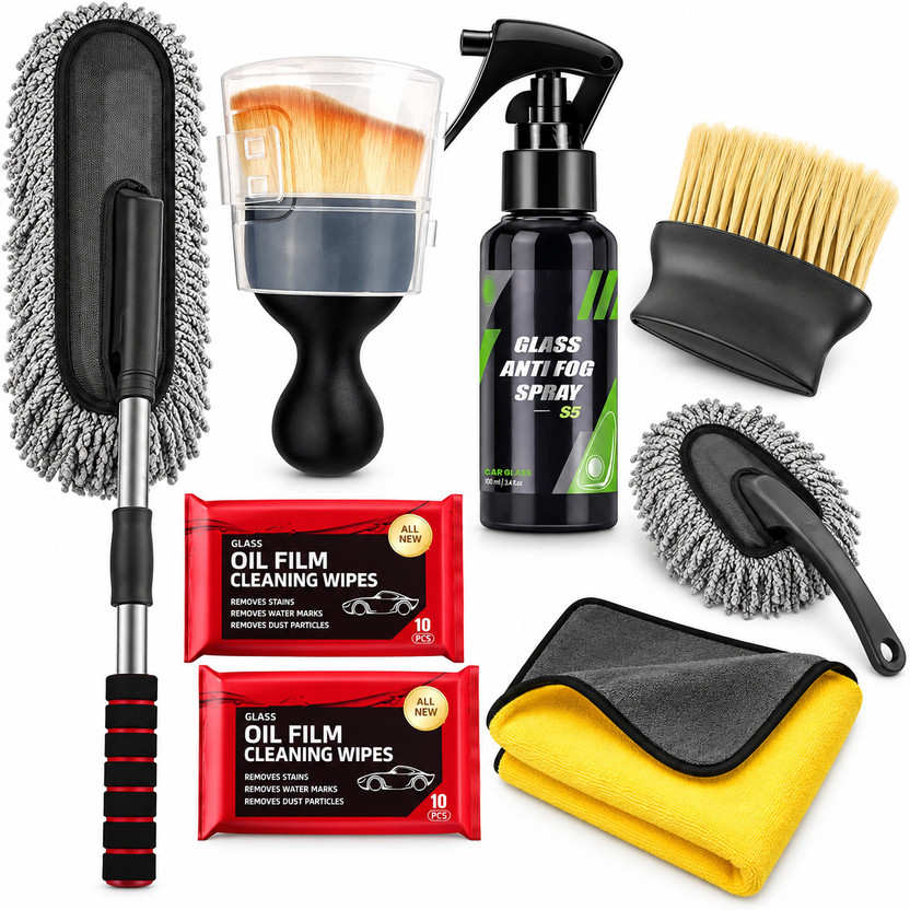 JUNJULA 8in1Car CleaningKit|3in1 Vacuum|GlassCleaner Spray|MicrofiberDuster|Brush|Towel Combo
