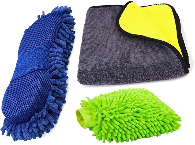 QNJL Car Cleaning Cloth 1, Microfiber Sponge 1, Vehicle Washing Glove1 Combo