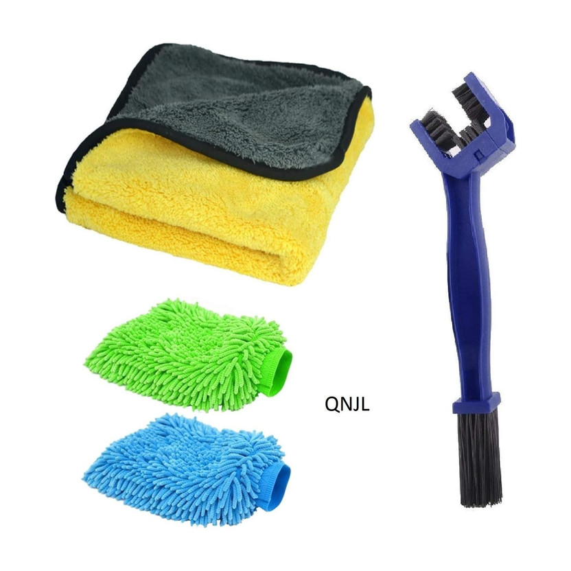 QNJL 4 in 1 Combo Cleaning Kit Dust Cloth Towel Glove Chain Brush All Vehicles Bike Combo