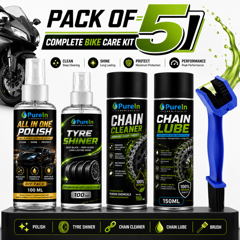 Purein All in one Polish, Tyre Polish, Chain Cleaner, Chain Lube, Cleaning Brush Combo