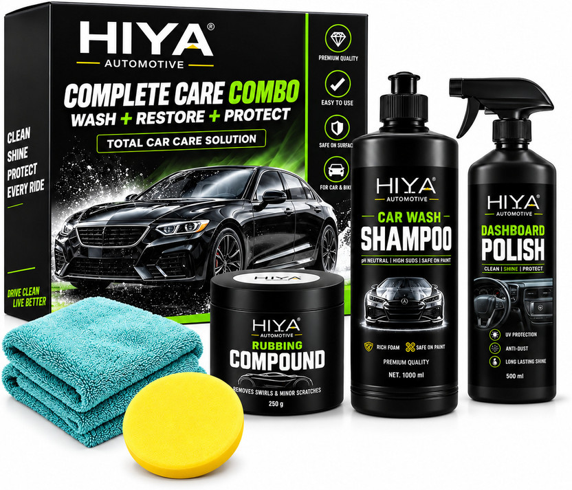 Hiya Automotive 1 bottle Car Shampoo, 1 Microfiber Towel, 1 Pad, 1 bottle Polish, 1 jar Compound Combo