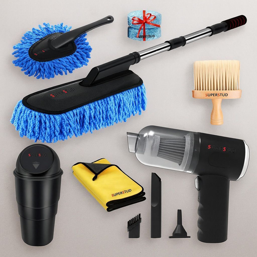 SUPERSTUD 6 Pcs Car Cleaning Kit Microfiber Brush, Vacuum, Dustbin, MicroCloth, Brush, AC Vent Brush Combo