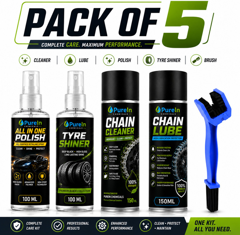 Purein All in one Polish, Tyre Polish, Chain Cleaner, Chain Lube, Cleaning Brush Combo