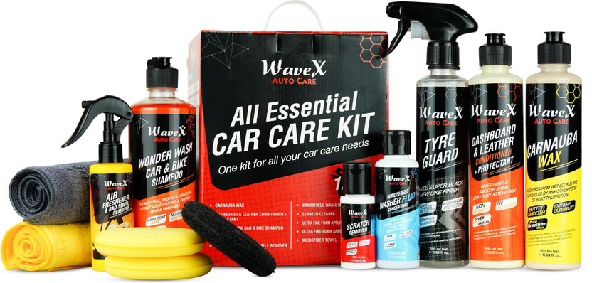 Wavex Dashboard Polish, Car Shampoo, Wax, Tyre Shine, Scratch Cleaner, Air Freshener, Microfiber Combo