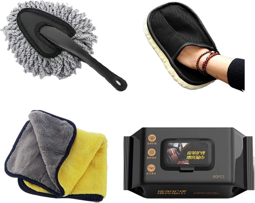 ORIDOR 4 Pcs Combo Of Car Wash Gloves, Small Duster, Microfiber Towel, Wipes Combo