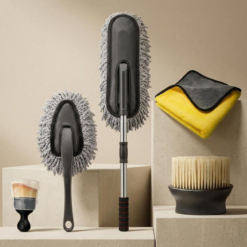 ORIDOR Combo Of 5 Vehicle Cleaning Companion Kit with Dusters Brushes and Towel Set Combo