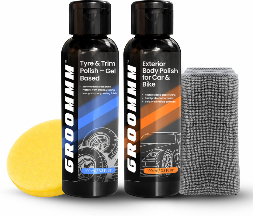 GROOMMM Tyre polish & Car body polish for cars, bikes (100mlx2) with pad & cloth Combo