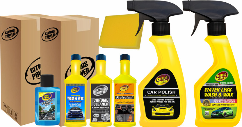 CITRUS POWER Car Polish, Waterless, Protectant 60ml, Chrome 60ml, Wash & Wax 60ml, Wiper 60ml, Sponge Combo